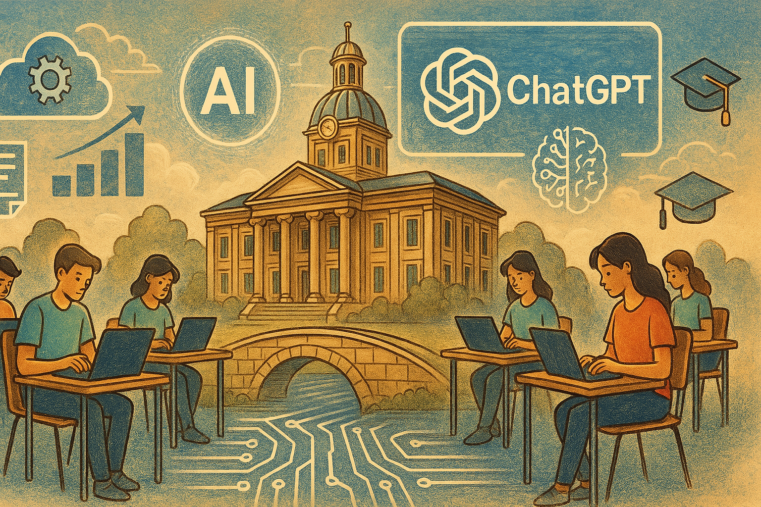A stylised digital illustration showing university students using laptops in front of a classical academic building, with symbolic overlays of AI, the ChatGPT logo, digital circuits, and graduation caps, representing the integration of generative AI into higher education and its impact on traditional assessment.