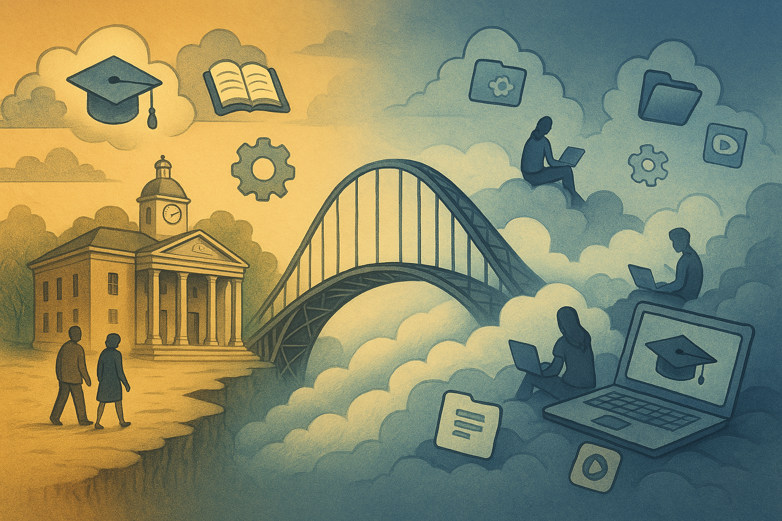 A decorative illustration of interconnected digital and educational elements, representing the complex relationship between technology, learning, and academic assessment.