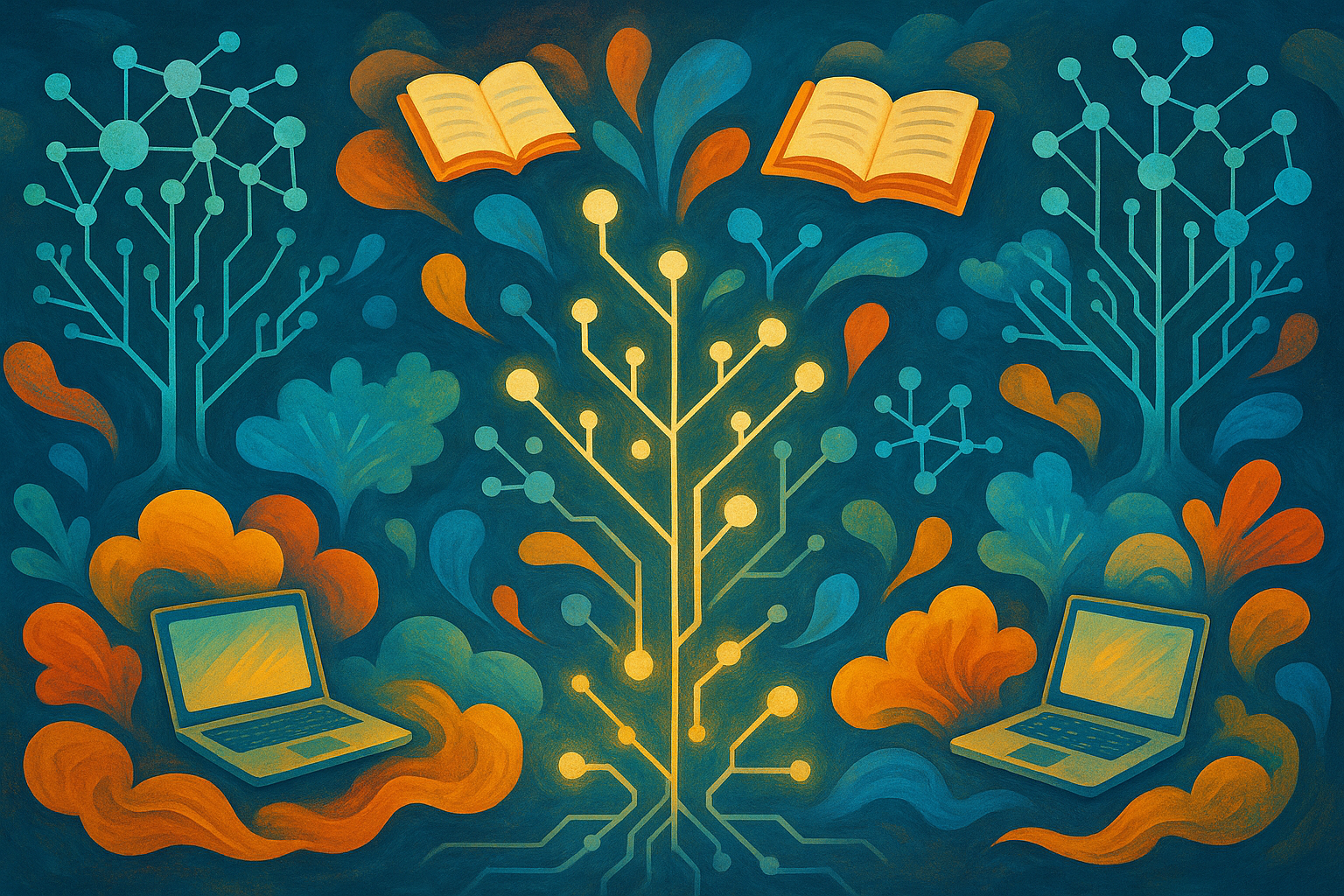 A symmetrical digital illustration showing a glowing network tree surrounded by laptops, books, and abstract leaves, symbolising online learning, connectivity, and collaborative knowledge.