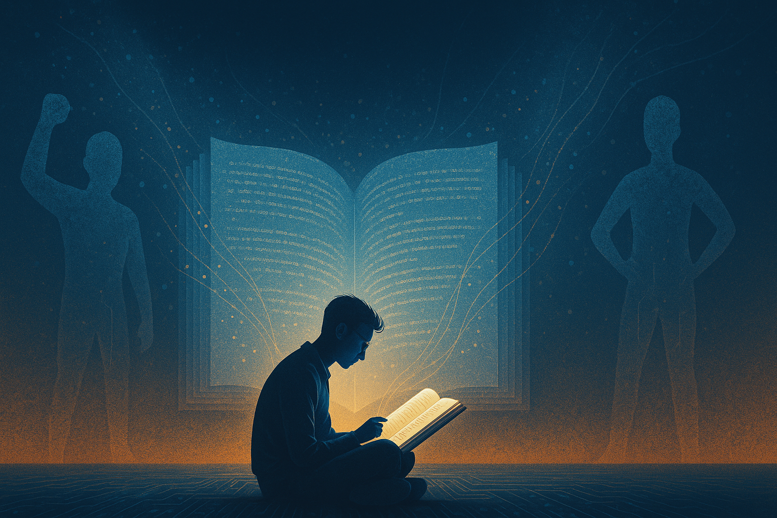A young man reads a glowing book on a circuit-like floor, surrounded by abstract human figures and cosmic patterns, symbolizing education's power against extremism.