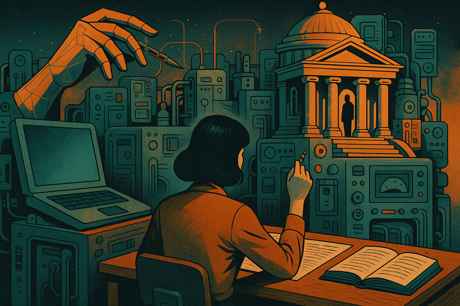 Illustration of a woman at a desk writing, surrounded by surreal machines, a robotic hand, and a classical building, symbolising tension between education, AI, and institutional control.