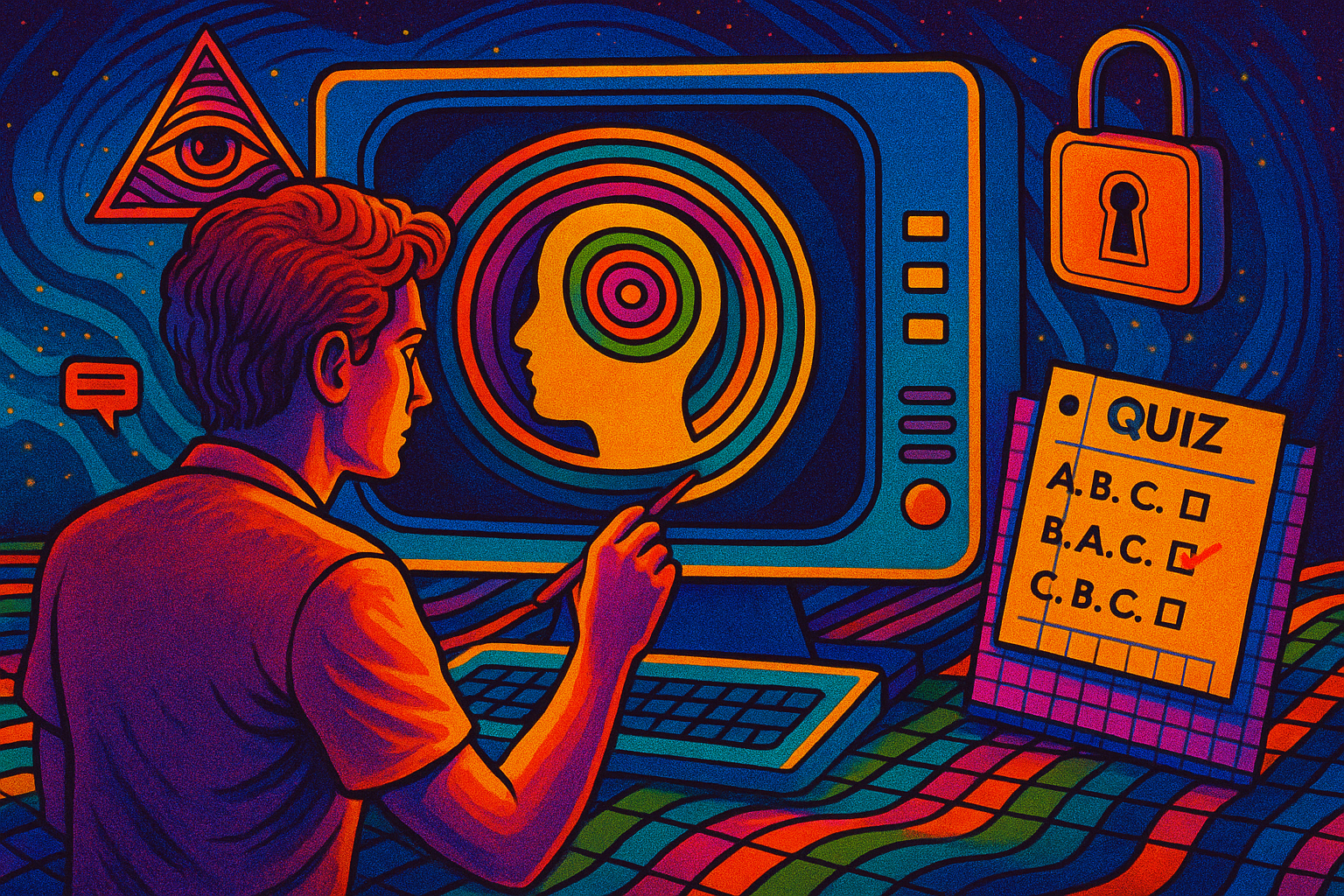 A retro-futuristic illustration of a student interacting with a glowing computer screen showing a head silhouette, surrounded by psychedelic colors, quiz options, a padlock, and a floating eye symbol.