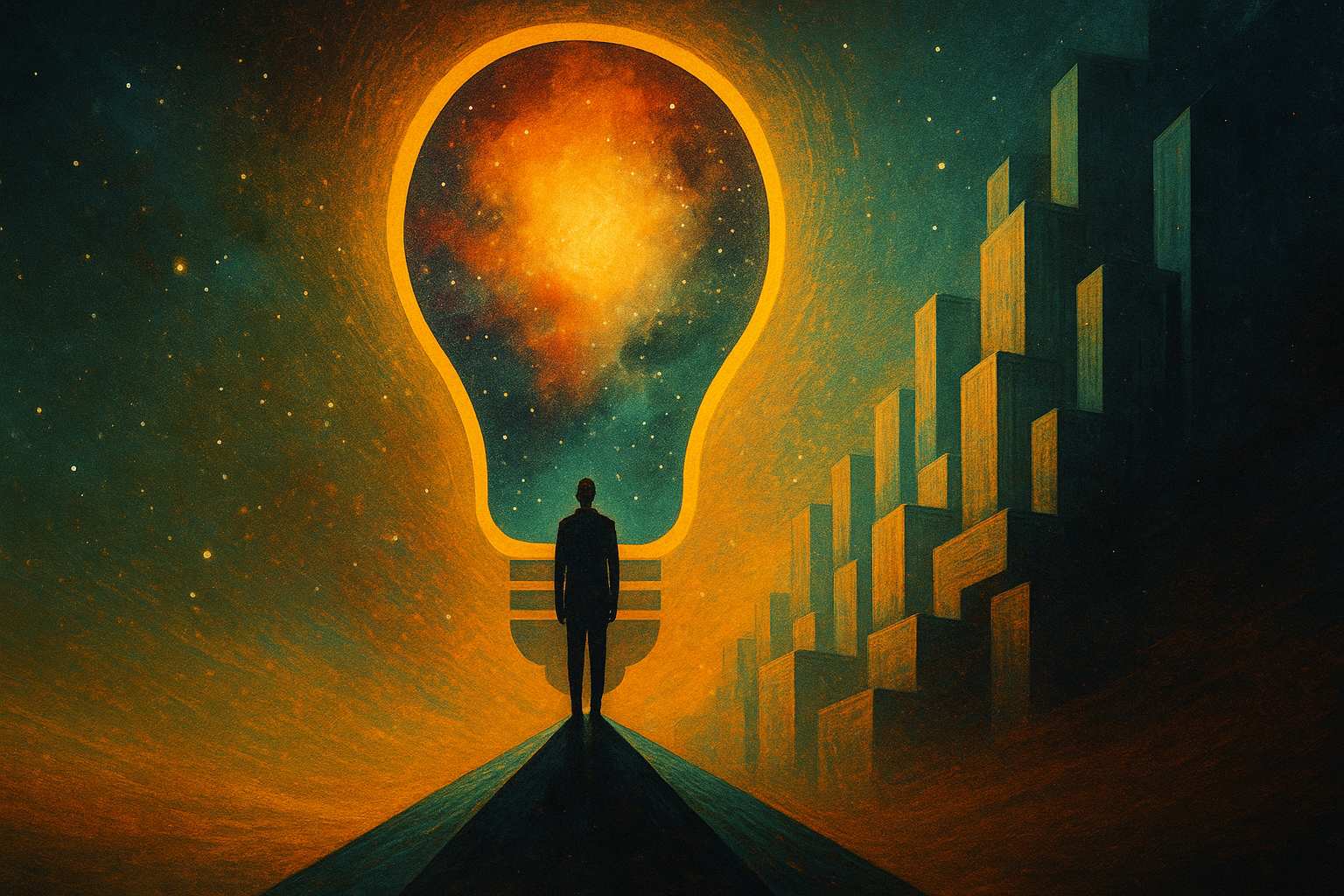 A retro-futuristic digital painting of a surreal educational landscape with organic and mechanical structures blending into a dreamlike environment, inspired by 1970s sci-fi aesthetics.