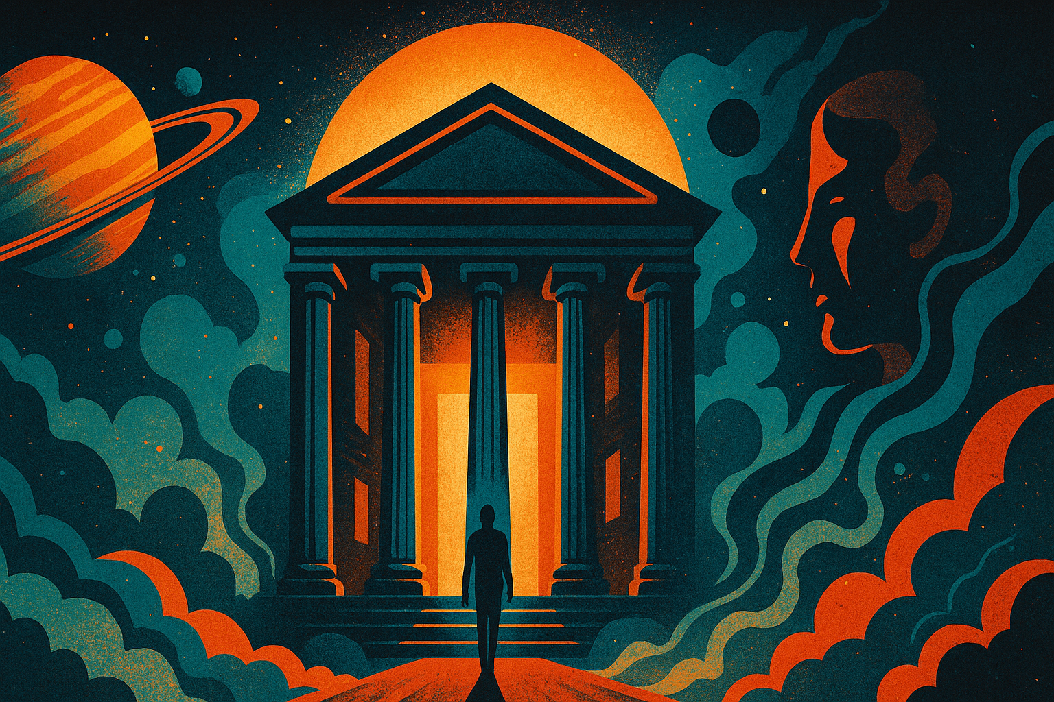 A retro-futuristic digital university with Greco-Roman columns, bathed in golden light amid swirling cosmic clouds and planets, evoking imagination, autonomy, and the reinvention of education.
