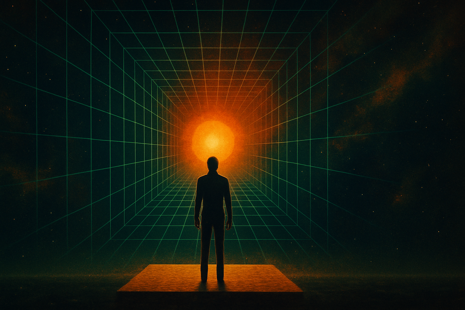 A lone figure stands on a glowing platform in deep space, facing a radiant sun at the centre of a cosmic grid, evoking retro-futuristic contemplation and the architecture of thought.