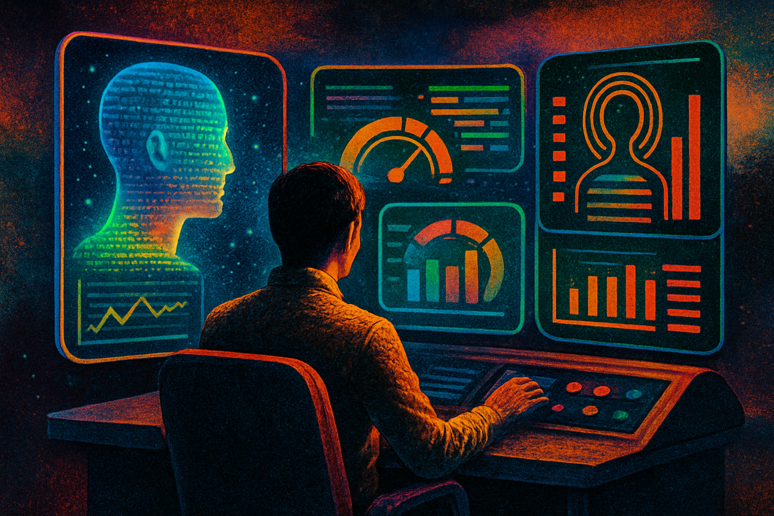 A retro-futuristic figure sits at a glowing control panel surrounded by abstract data screens and holographic profiles, evoking themes of autonomy, surveillance, and digital identity in education.