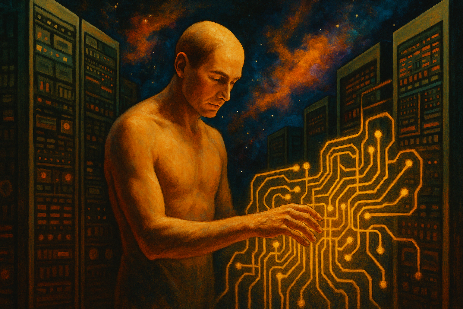 A solitary human figure interacts with glowing circuit patterns in a vast, retro-futuristic data centre beneath a cosmic night sky.