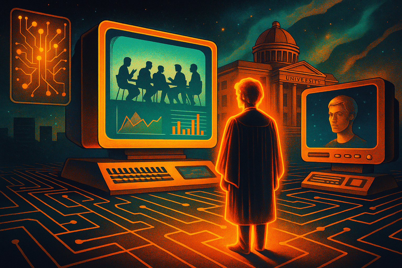 A glowing academic figure stands before large retro-futuristic screens showing graphs and faces, set in a cosmic university landscape with digital circuit floor.