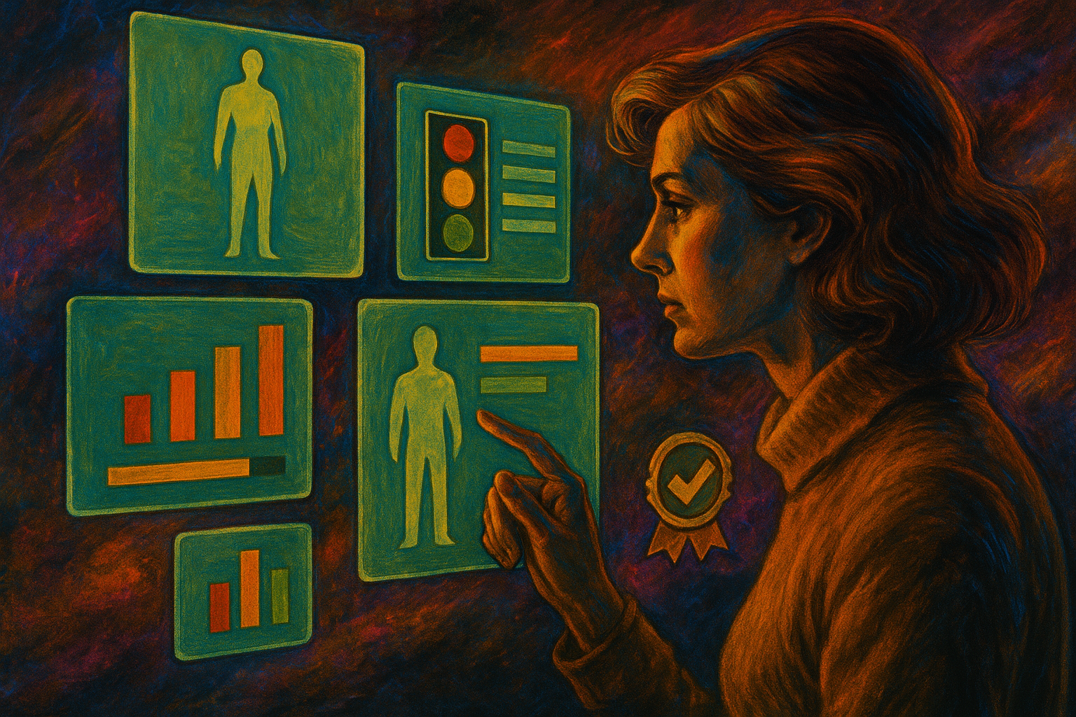 Retro-futuristic painting of a woman studying data panels with human silhouettes and bar charts against a cosmic nebula background, evoking critical reflection on educational platforms.