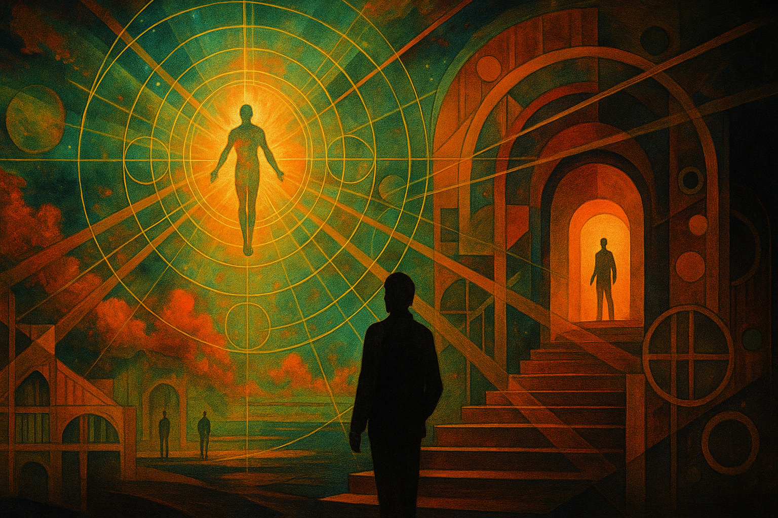 Surreal sci-fi painting of silhouetted figures amid glowing architectural forms and a radiant cosmic figure, symbolising moral agency and imaginative reinstitution in education.
