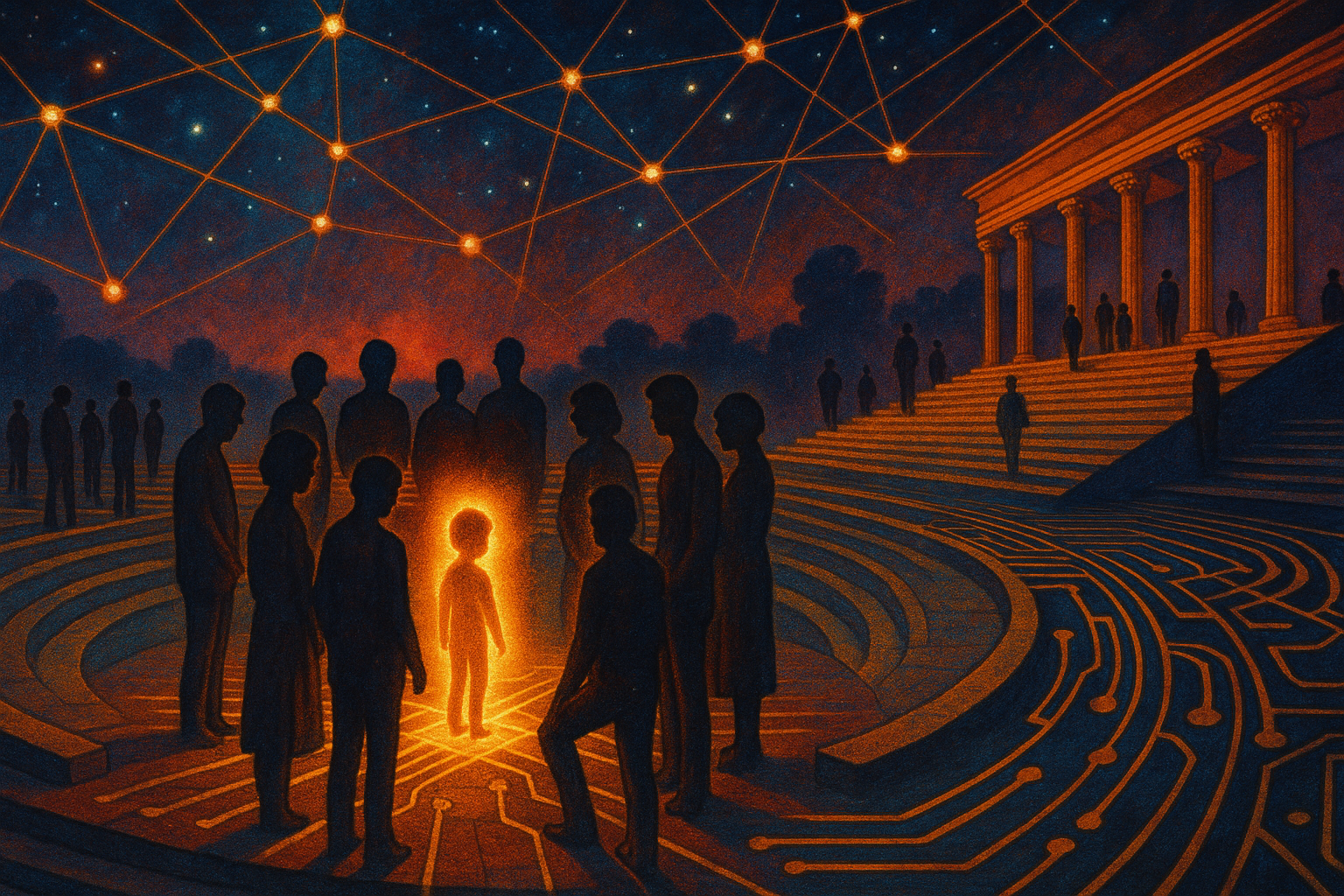 Retro-futurist agora: glowing child surrounded by people in dialogue, marble steps merging with circuits under a cosmic sky of connected stars, symbolising education as shared civic space.