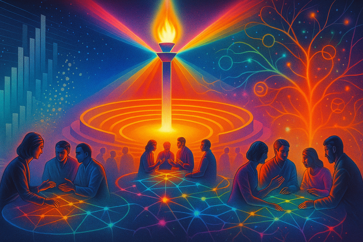 Retrofuturist agora: diverse groups co-create under a radiant prism while cold metric towers fade and organic light threads bloom—education imagined as democratic, plural, and caring.