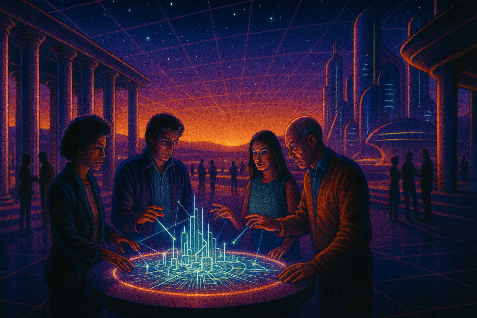 Retro-futuristic plaza where people shape a glowing holographic city together, columns and chrome towers under a starry grid sky, evoking collective world-making and democratic autonomy.