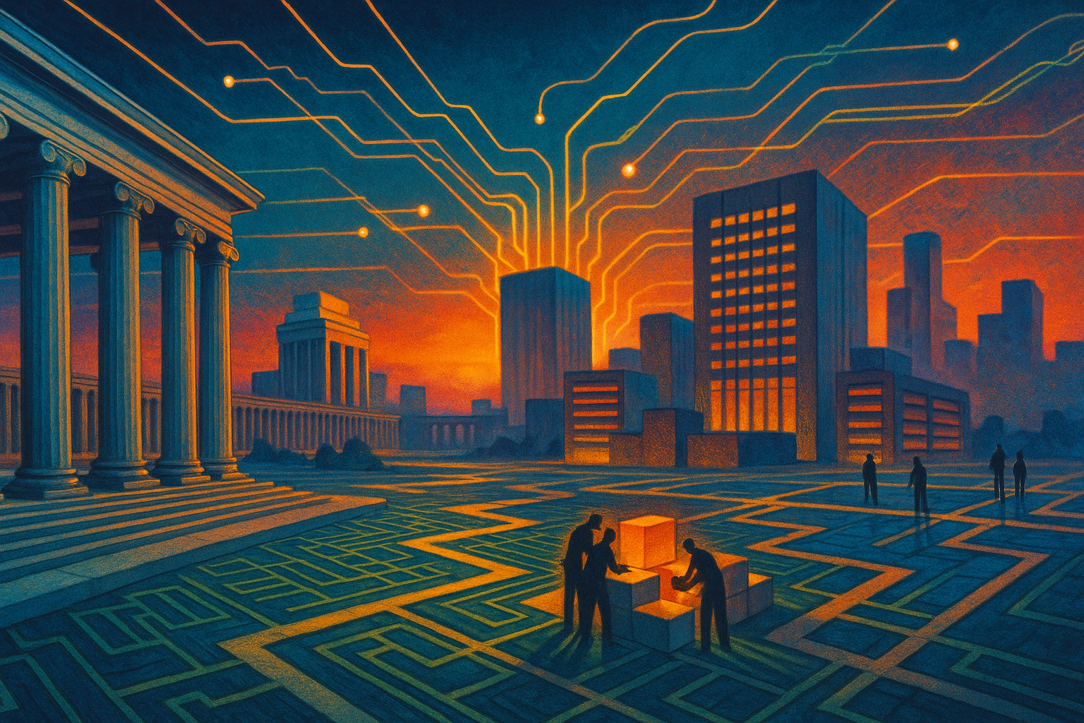 Retrofuturist cityscape blending classical columns and glowing circuitry with silhouetted figures co-designing illuminated cubes beneath a vivid sunset.