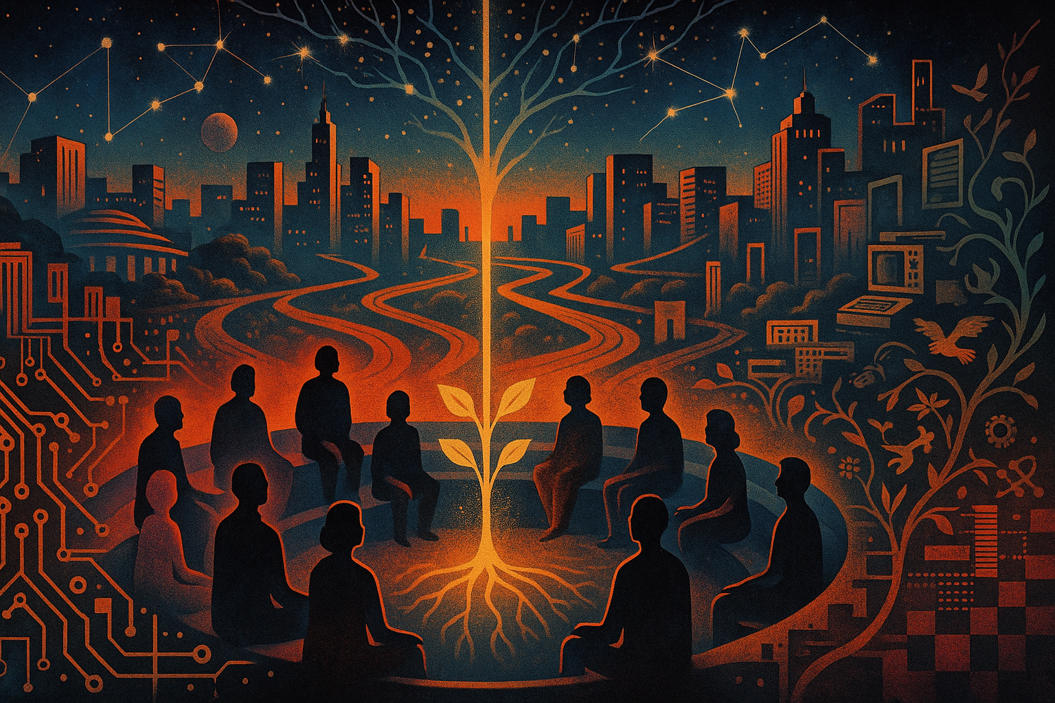 Retro 1970s sci-mag scene: a circular forum of diverse figures around a glowing sapling whose branches become constellations and city paths; circuit grids dissolve into organic forms, suggesting open, plural futures.