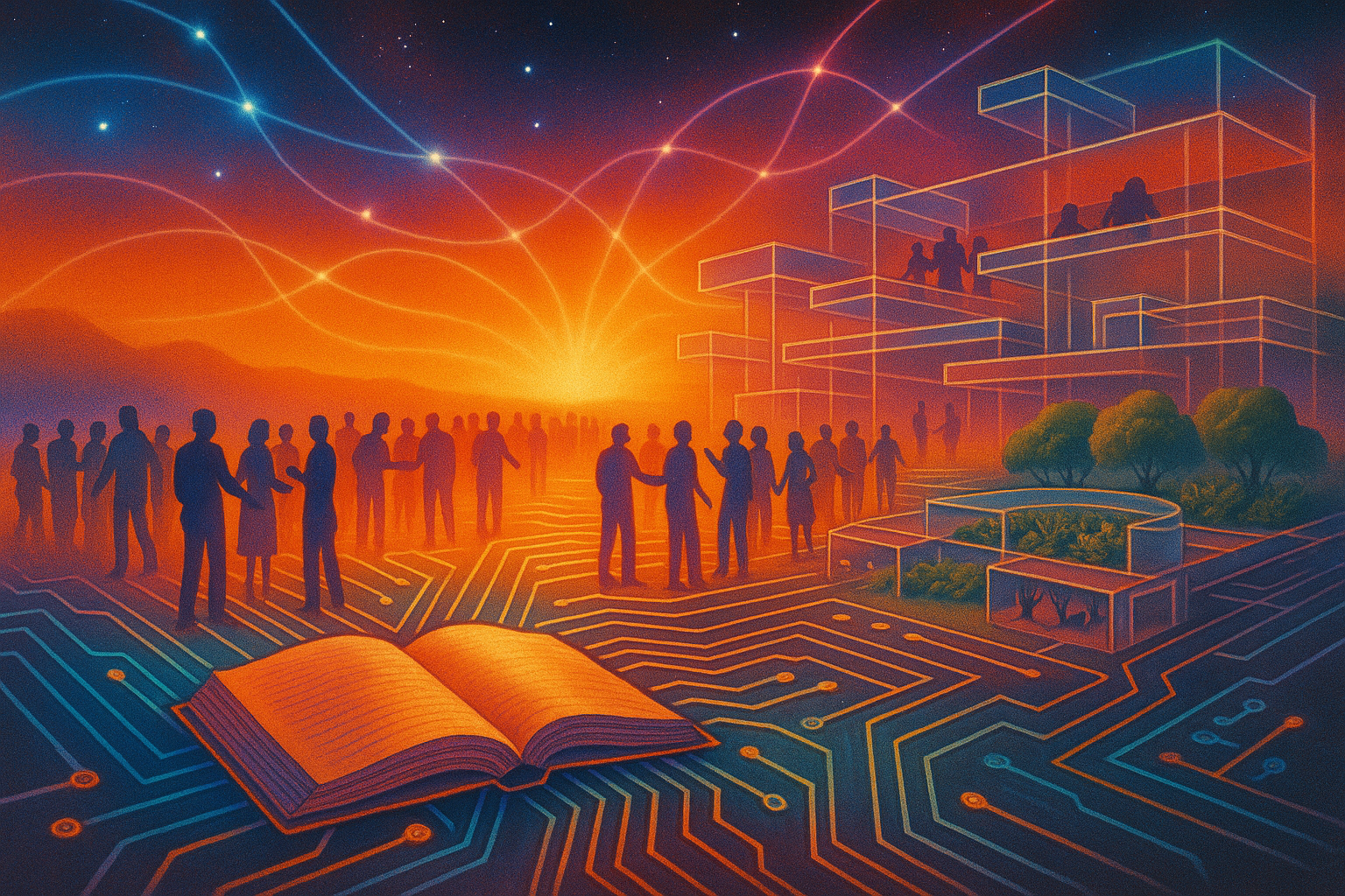 Retrofuturist civic agora: open book on circuit-board plaza, diverse people gathering, modular terraces and trees, networked stars over a sunrise horizon.