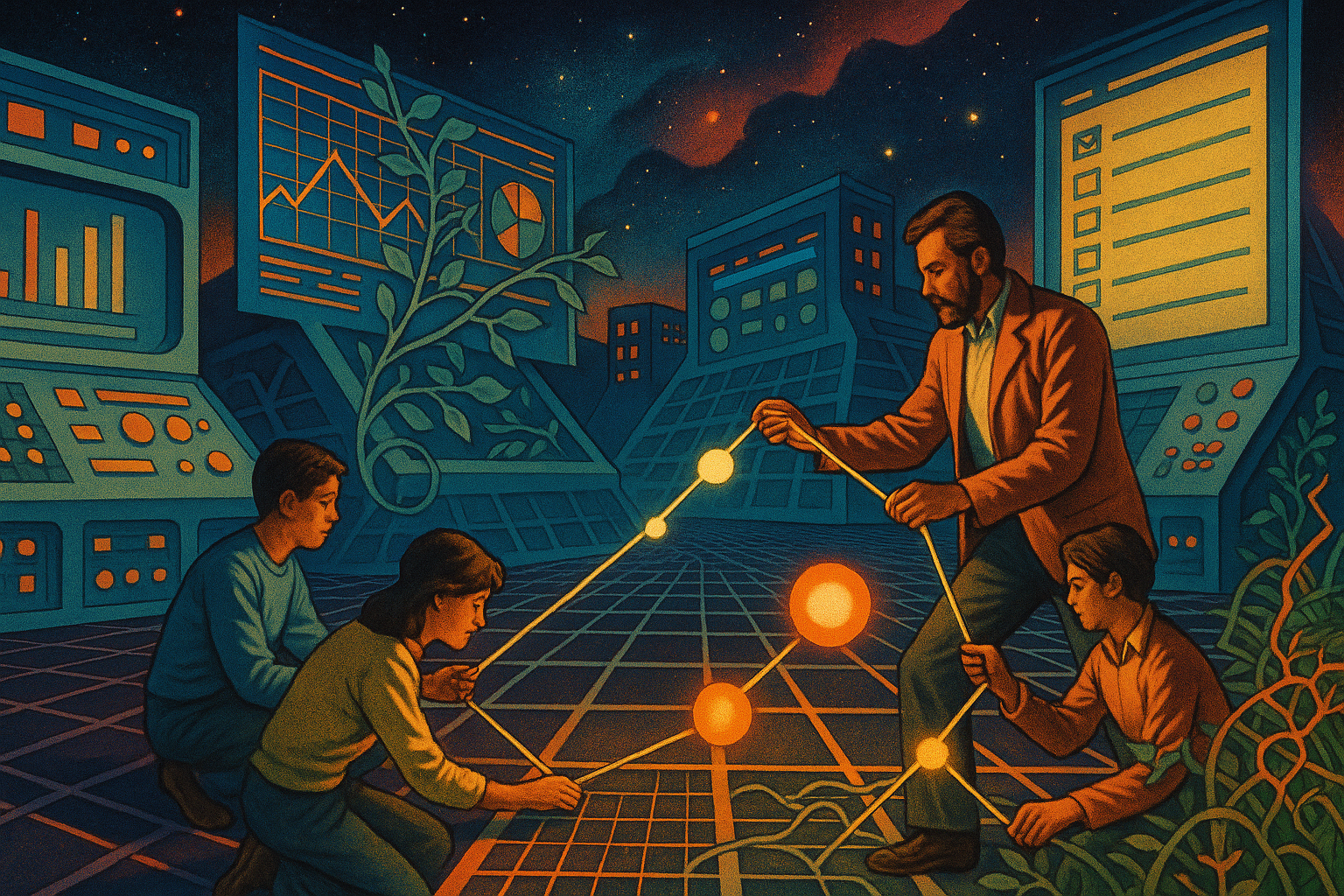 Retro-futuristic classroom: teacher and students weaving glowing nodes across a grid while dashboards loom, signaling human collaboration reshaping rigid interfaces, 1970s science-magazine style, no text.