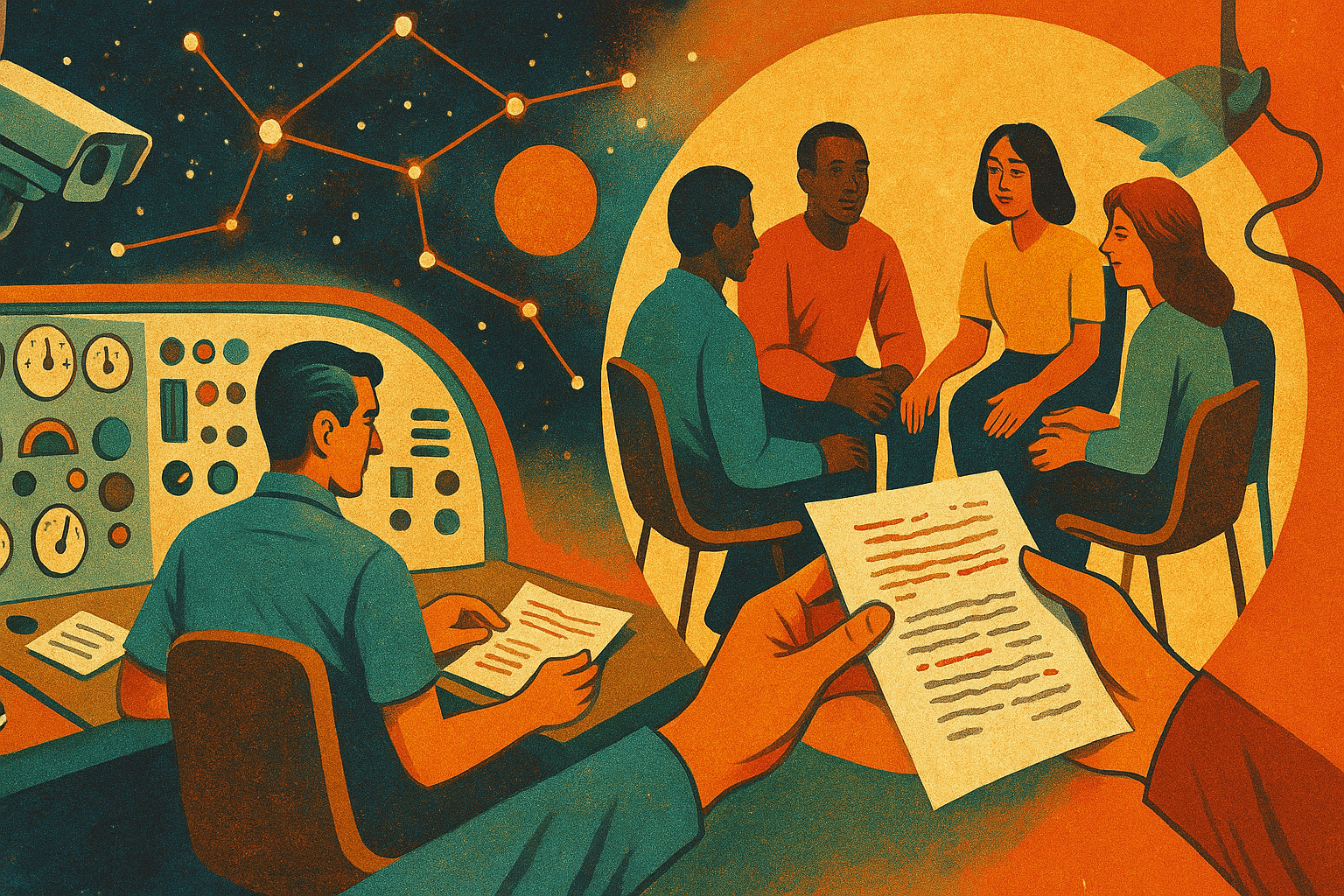 Retro sci-fi scene: analog control room fades into a small group sharing papers beneath a constellation, hinting at a shift from machine metrics to human dialogue and trust.