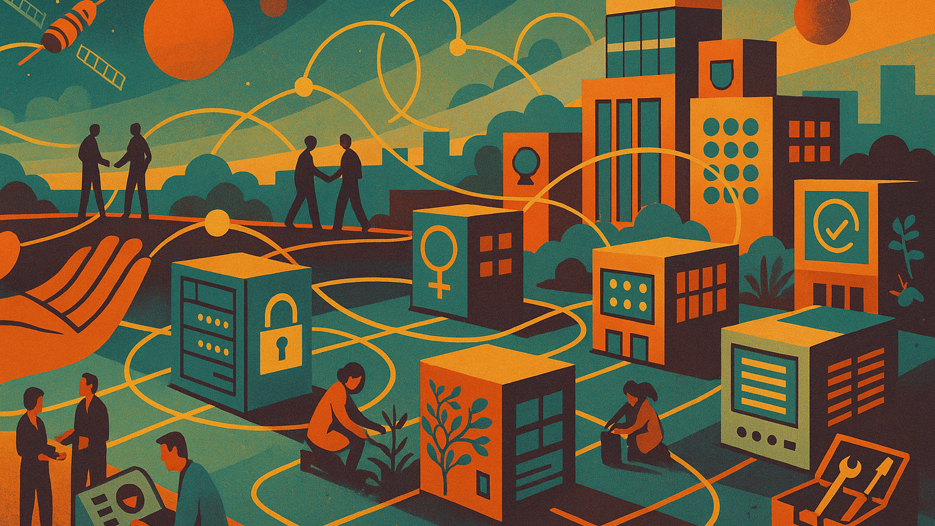 Retro 1970s sci-fi city of modular servers and people linking, tending, and maintaining a federated learning network beneath orbital paths, evoking commoning, care, and shared digital infrastructure.