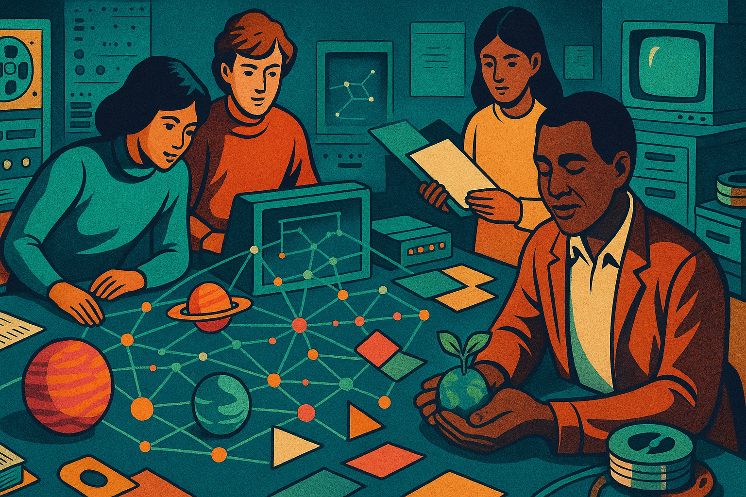 1970s sci-fi classroom where students and a teacher co-create holographic planets and maps from a retro mainframe; hands cradle a small world as reels and consoles suggest care, autonomy, and shared authorship.