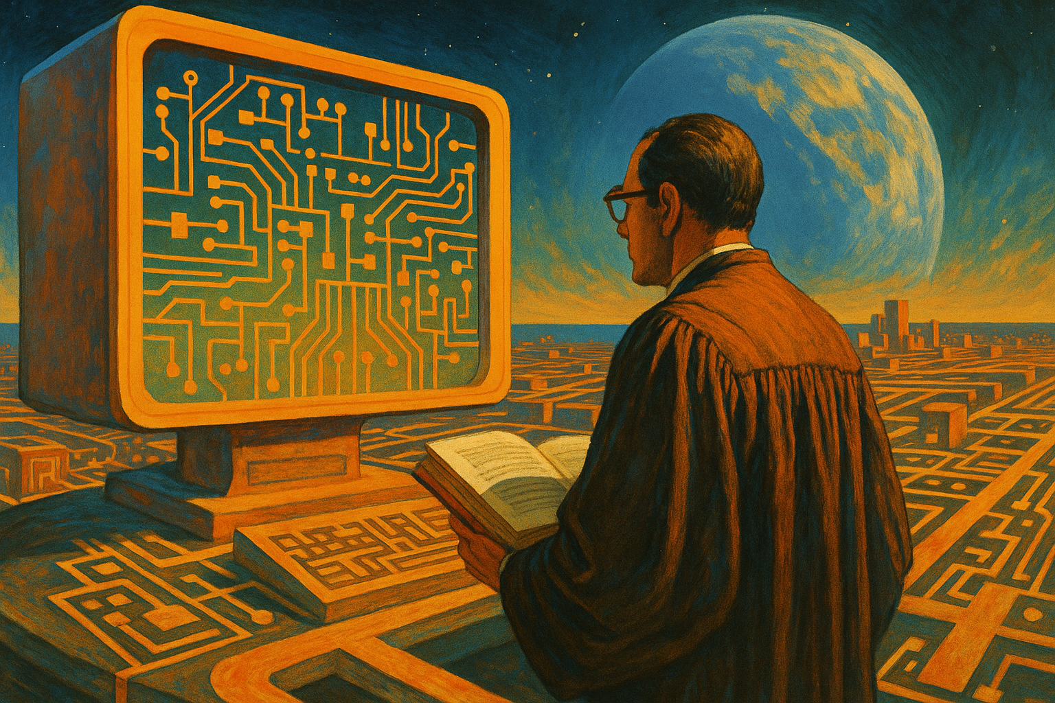 A lone scholar in academic robes studies a glowing circuit-like screen above a maze-like digital city, with a large planet rising in a retro 1970s sci-fi sky.