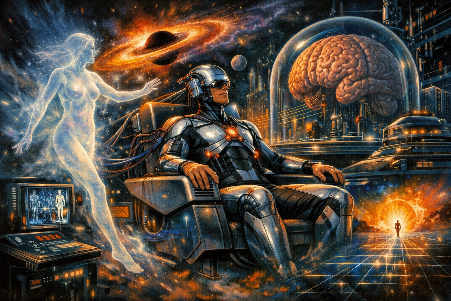 Retro-futurist scene: armoured cyborg seated in a chair wired to machines, a luminous figure reaches toward him, and a giant brain in a dome above a neon city and stars.